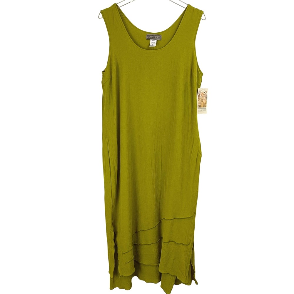 VTG NEW Dina Lee Dress‎ Women 1X Midi USA Georgette Layered 90s CHARTREUSE